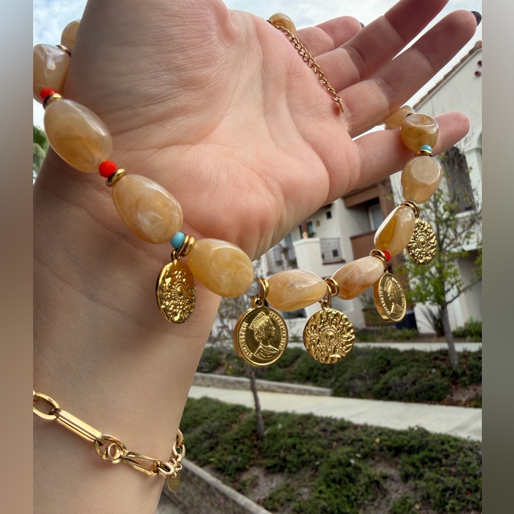 Chunky Beaded Coin Charm Necklace - Picture 2 of 5